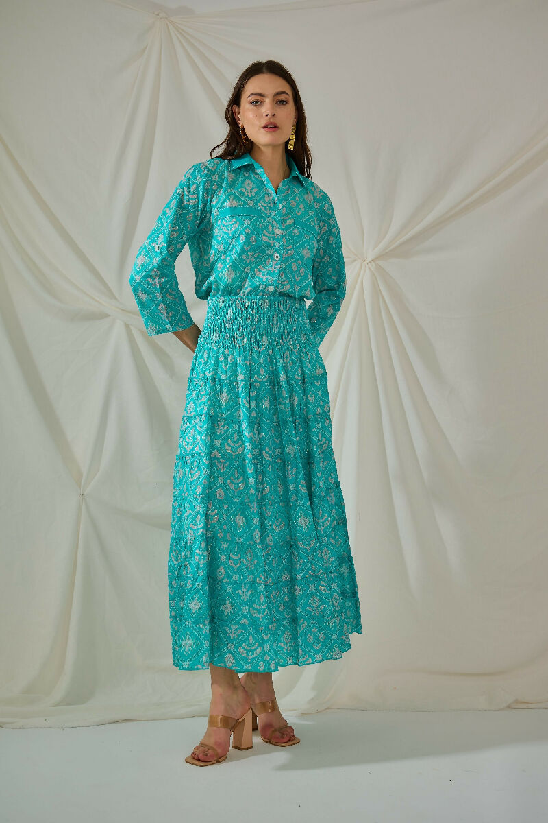 Bohemian long cotton smocked skirt- Turquoise