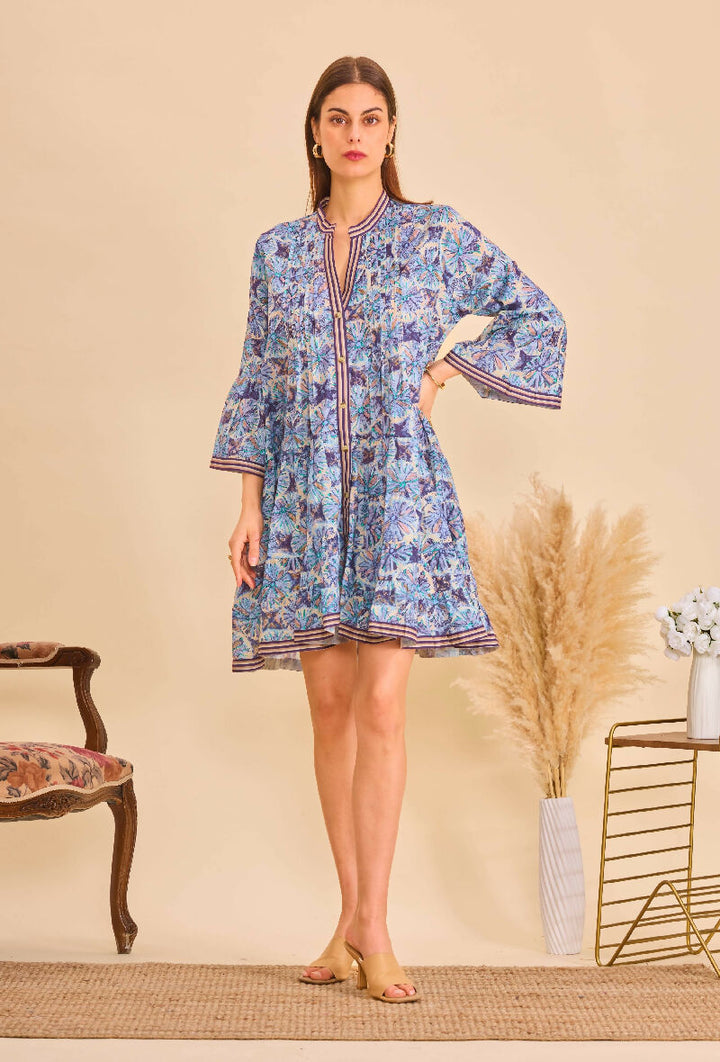 Short A-line dress in printed cotton- Blue