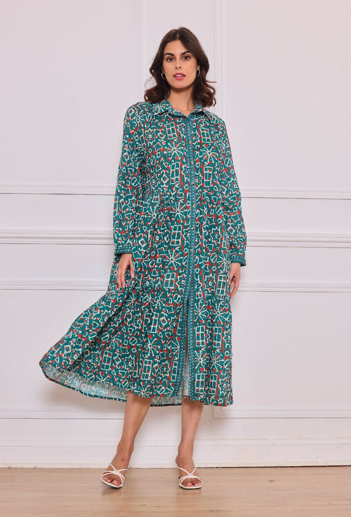 Mid-length cotton shirt dress - Green
