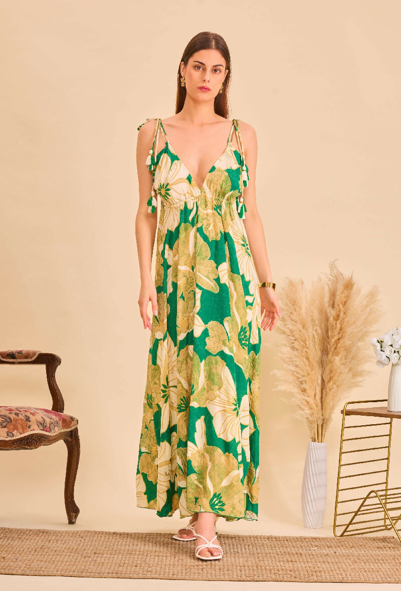 Long bohemian silk backless dress - Green