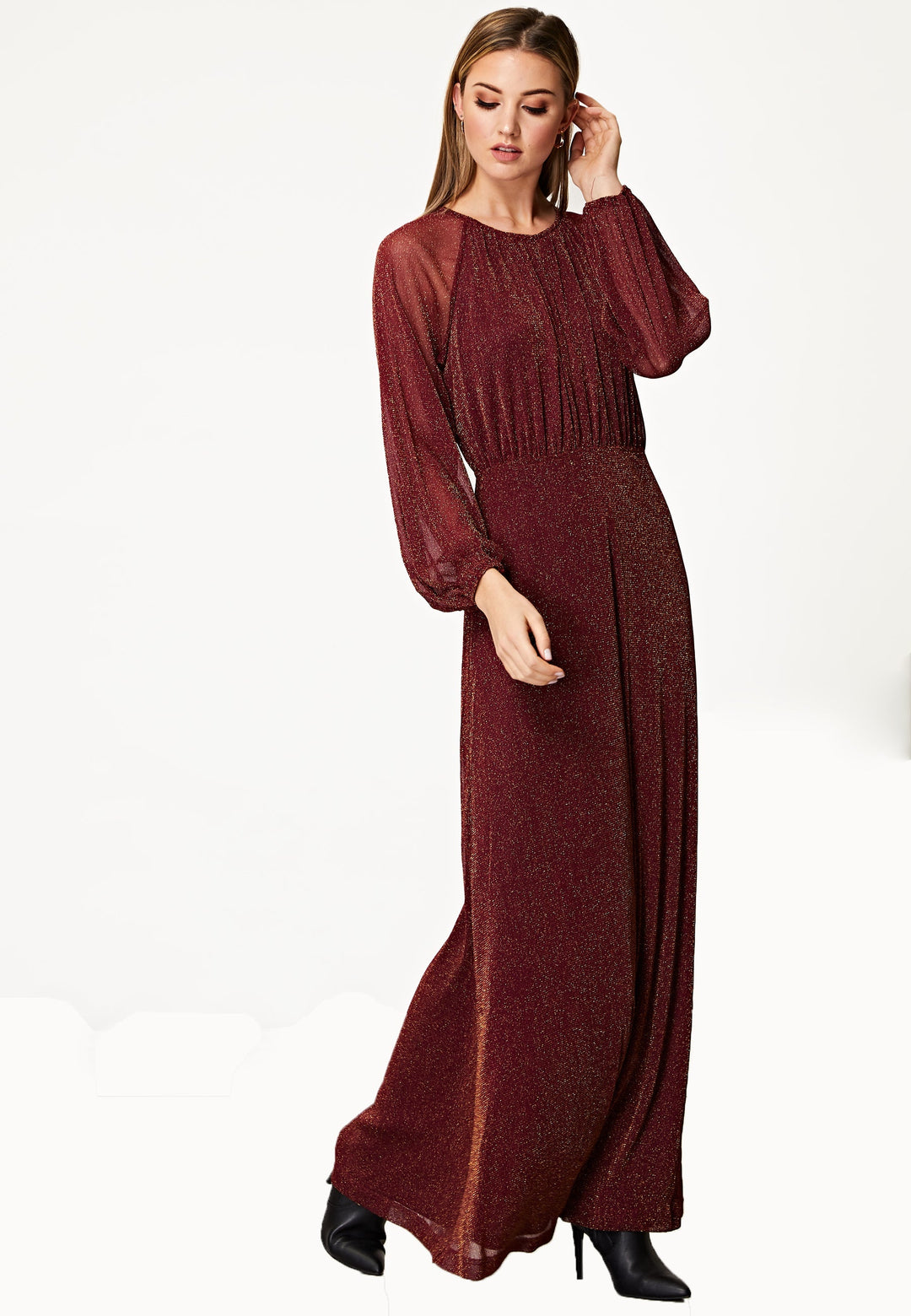 (4P.PACK) Long Sleeve Chiffon Maxi Dress Gold Lurex Flecking in Burgundy - jqwholesale.com