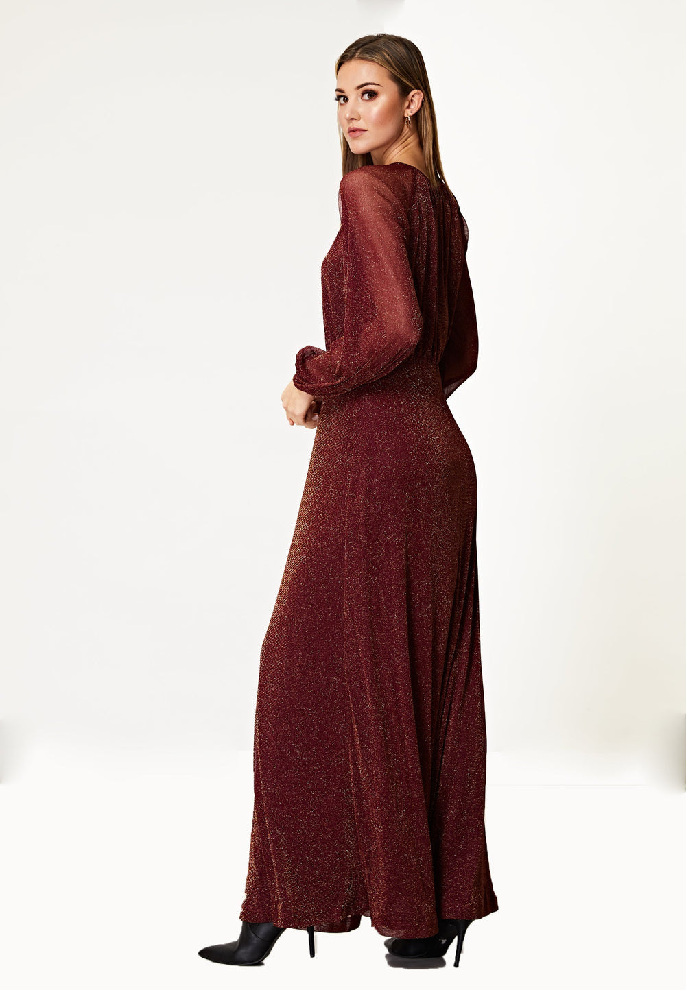 (4P.PACK) Long Sleeve Chiffon Maxi Dress Gold Lurex Flecking in Burgundy - jqwholesale.com