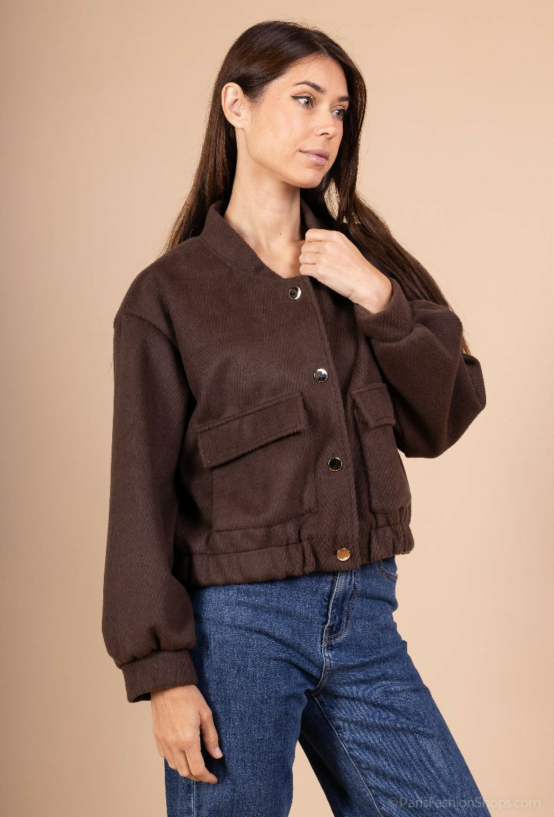 Short Suede-Look Jacket with Gold Buttons