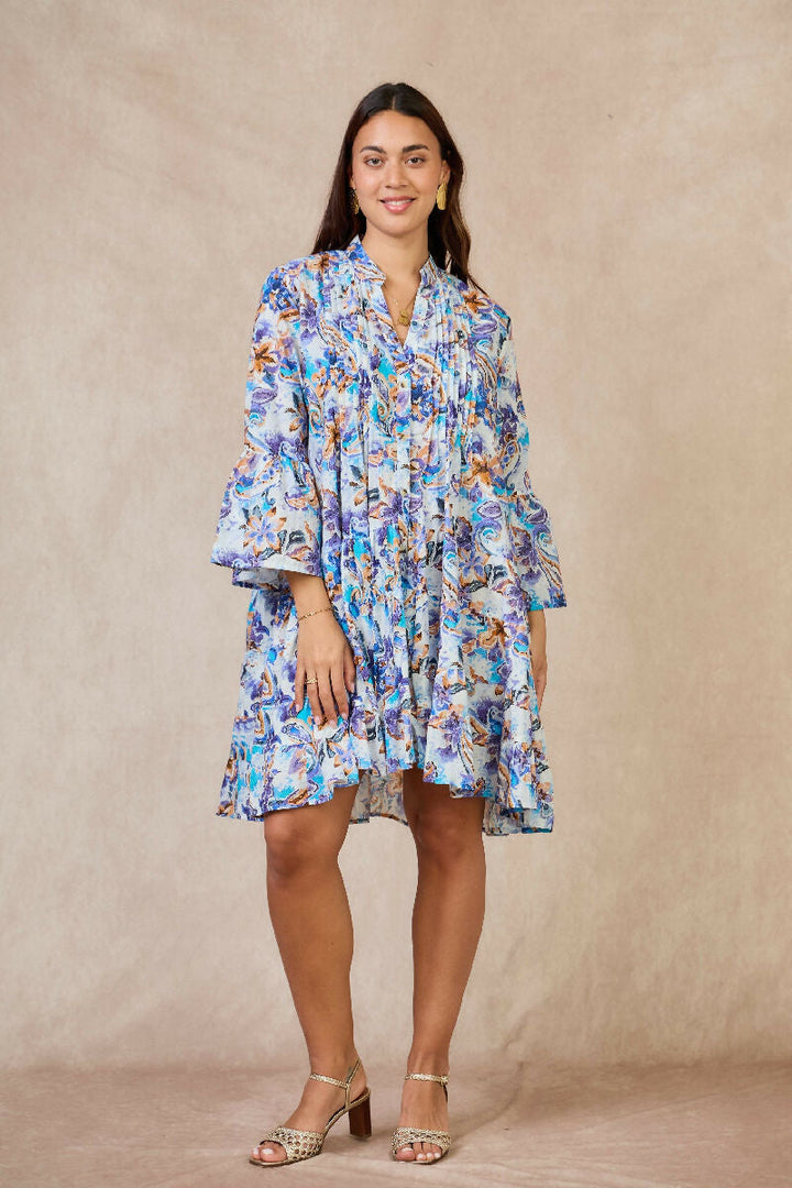 Short A-line dress in printed cotton- Purpel