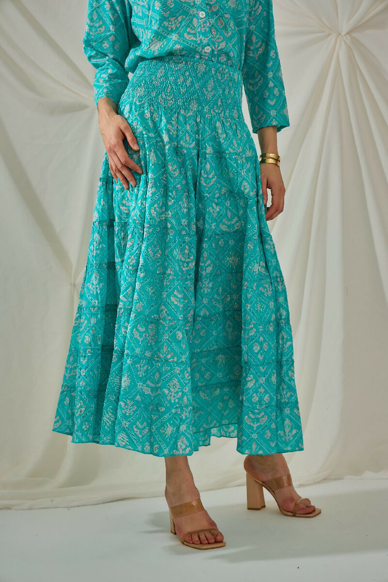 Bohemian long cotton smocked skirt- Turquoise