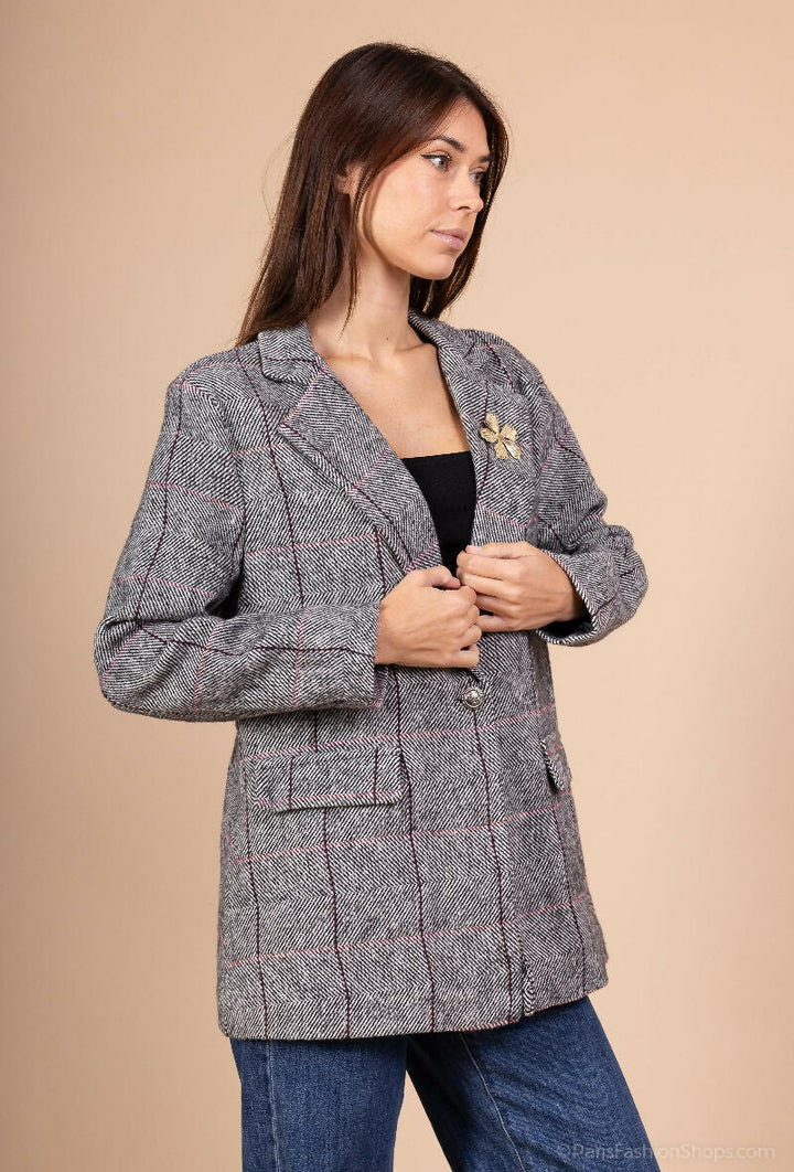 Plaid Blazer with Brooch