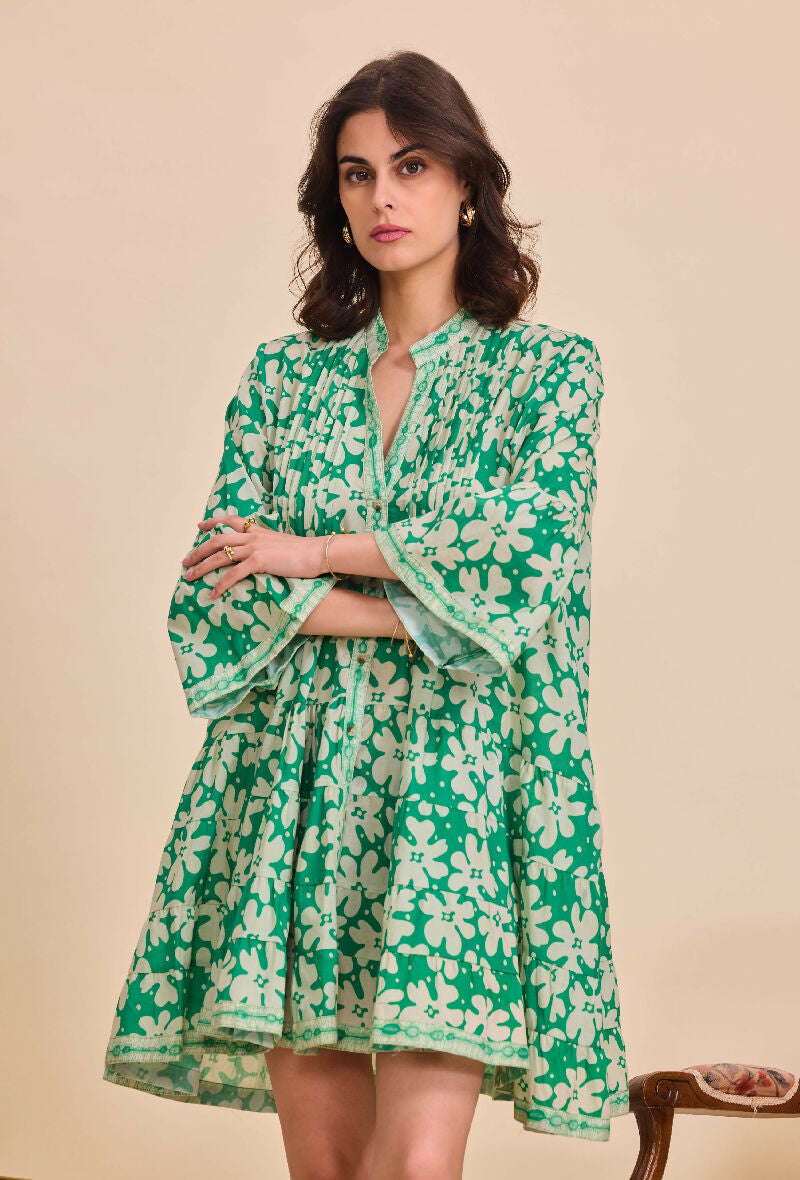 Short A-line dress in printed cotton- Light green