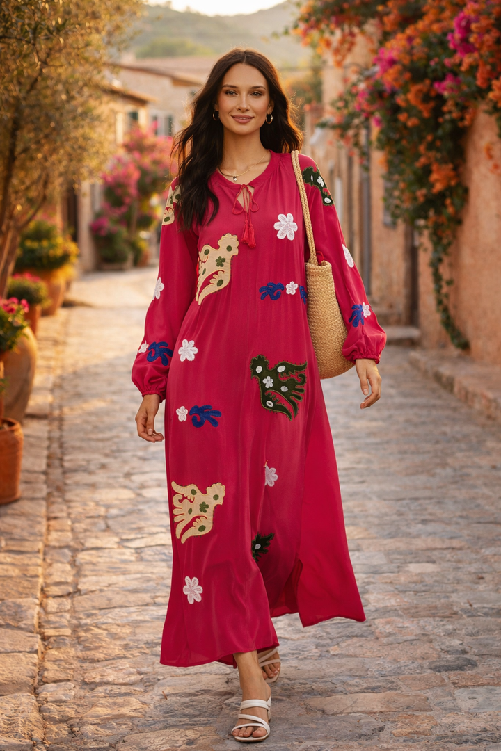 Embroidered Maxi Dress with Statement Motifs in Pink