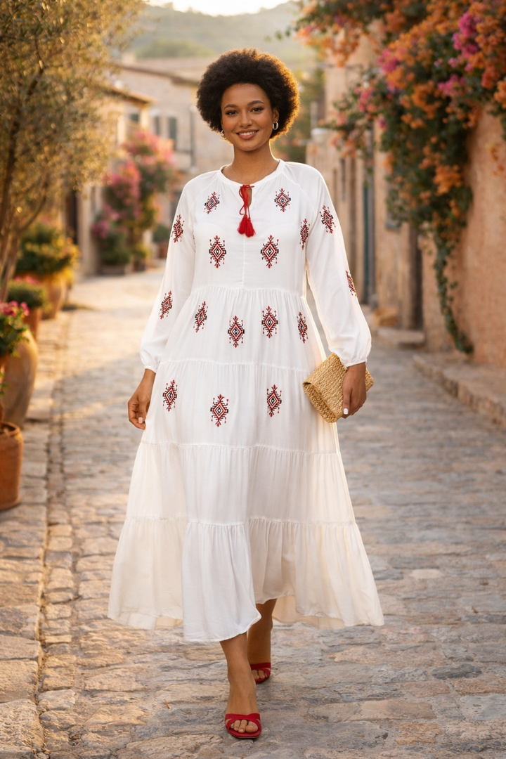 Embroidered Tiered Midi Dress with Tassel Tie in White