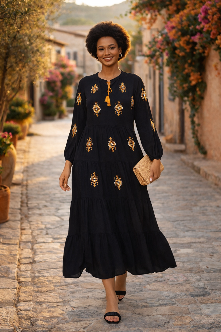 Embroidered Tiered Midi Dress with Tassel Tie in Black