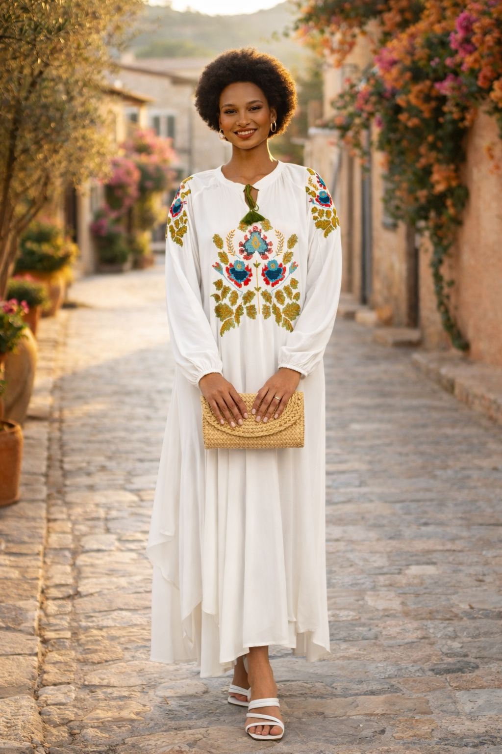 Embroidered Maxi Dress with Tassel Tie Neck in White