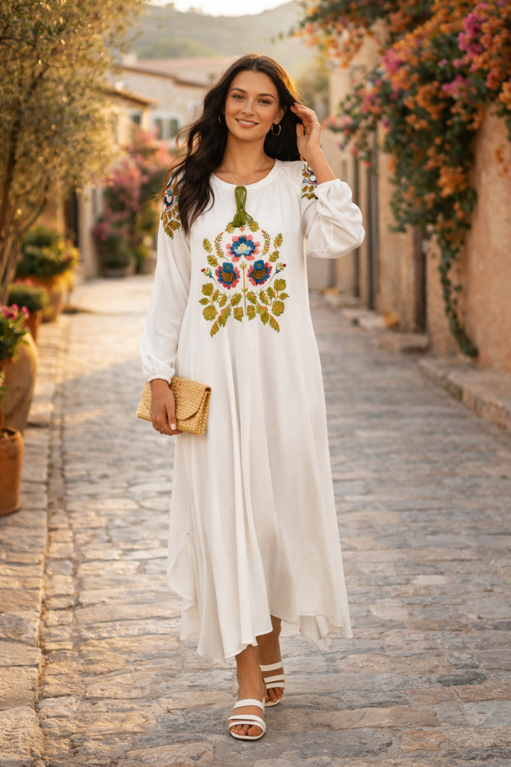 Embroidered Maxi Dress with Tassel Tie Neck in White