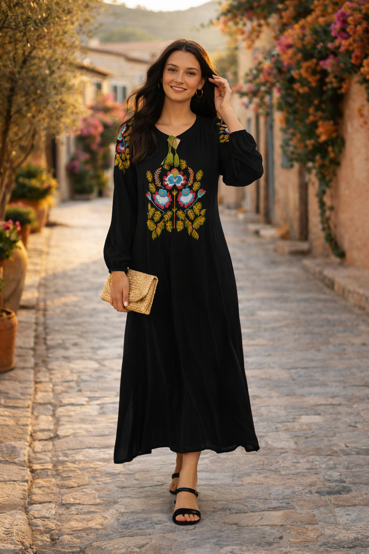 Embroidered Maxi Dress with Tassel Tie Neck in Black