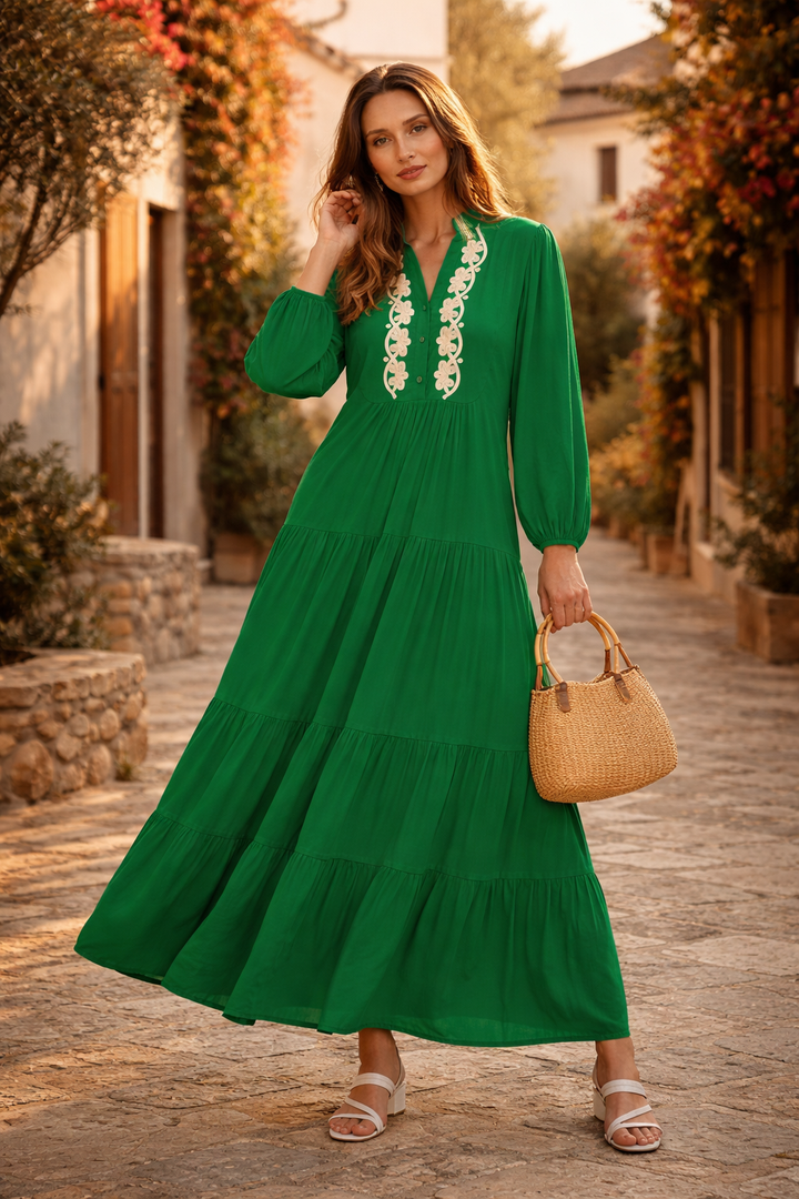 Embroidered Front Tiered Midi Dress in Green