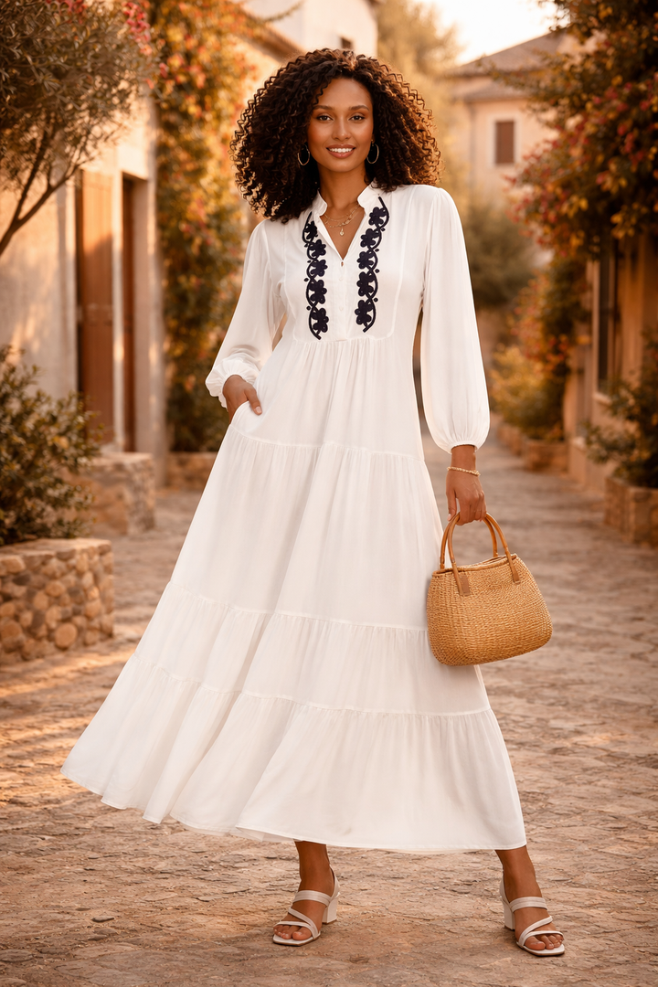 Embroidered Front Tiered Midi Dress in White