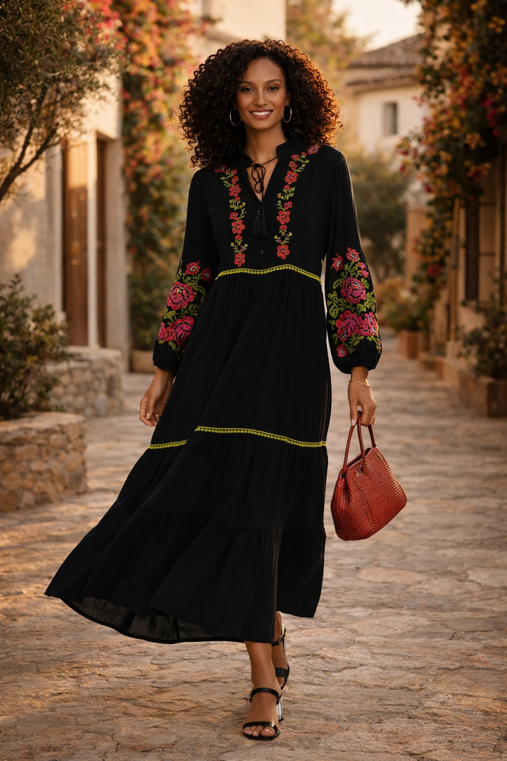 Embroidered Midi Dress with Contrast Floral Detail in Black