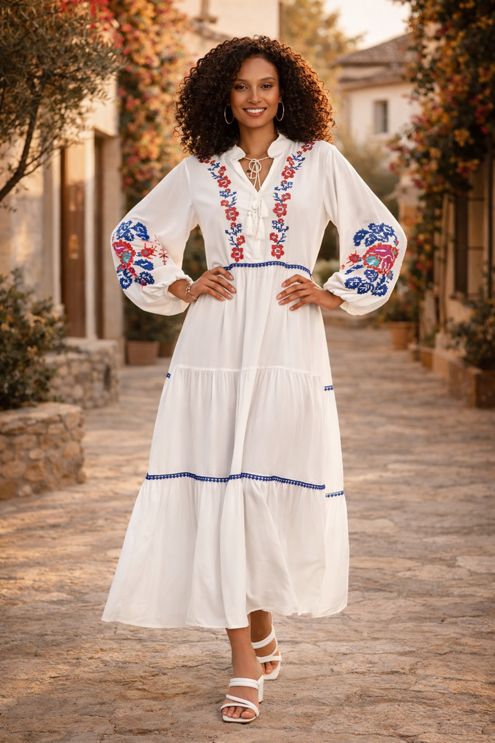 Embroidered Midi Dress with Contrast Floral Detail in White
