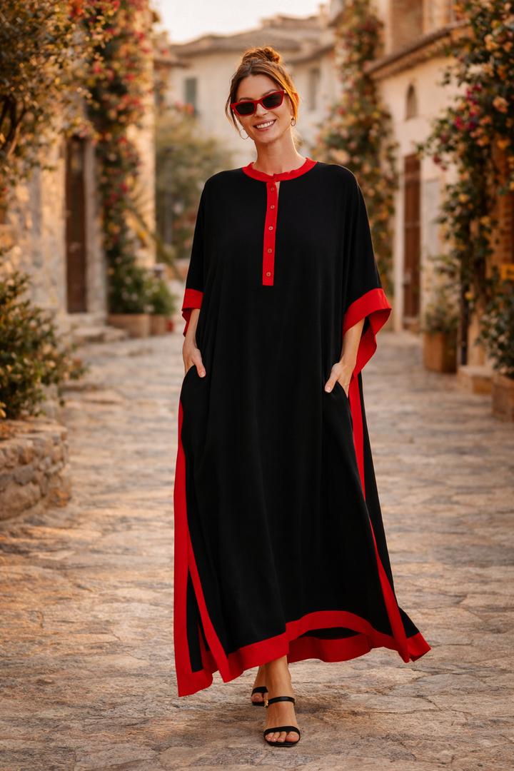 Embroidered Contrast Trim Maxi Kaftan Dress in Black