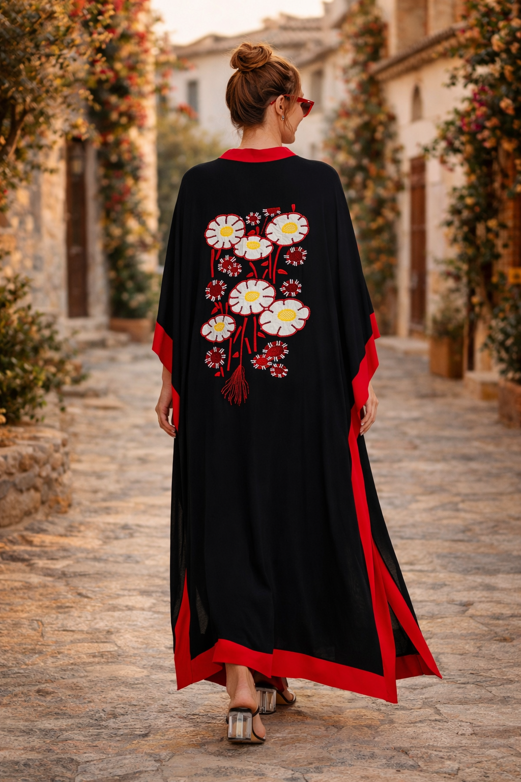 Embroidered Contrast Trim Maxi Kaftan Dress in Black
