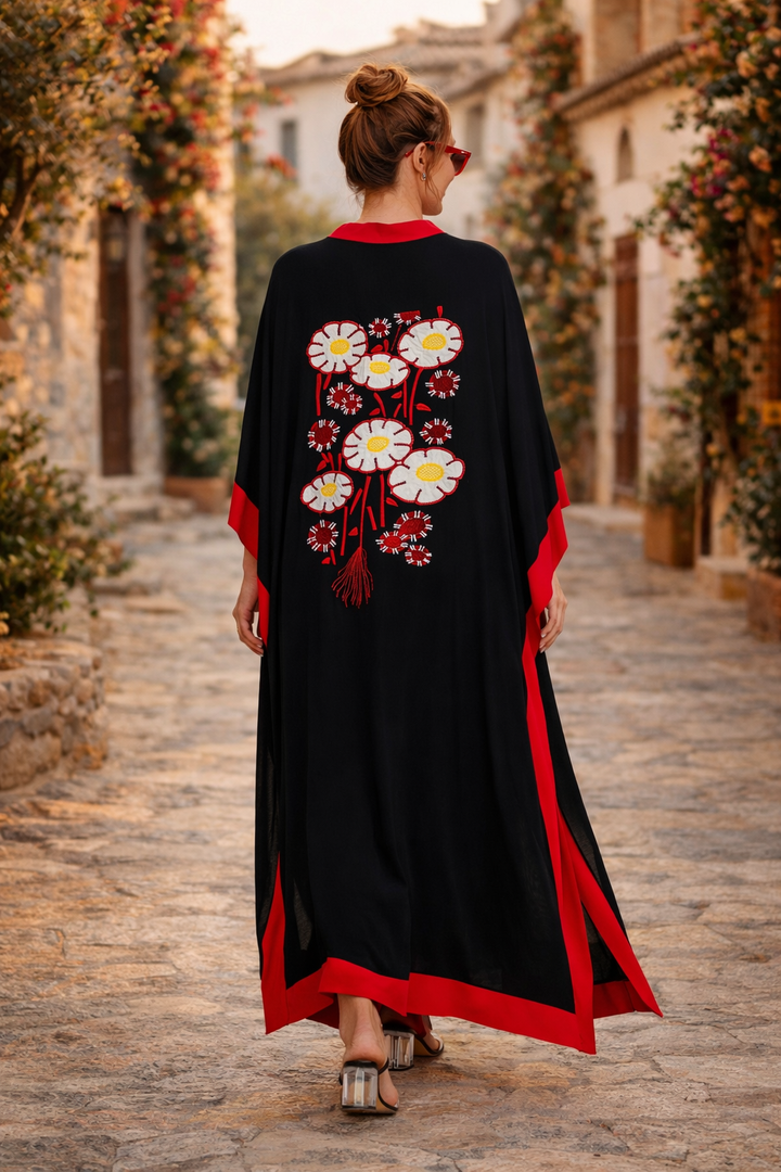 Embroidered Contrast Trim Maxi Kaftan Dress in Black