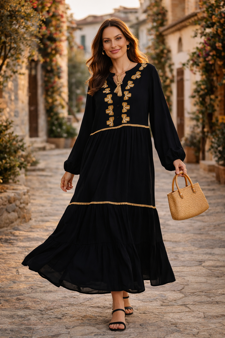 Embroidered Tiered Maxi Dress with Tassel Detail in Black