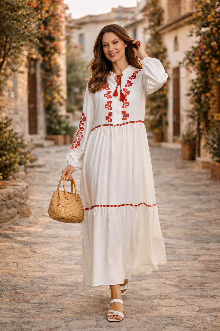 Embroidered Tiered Maxi Dress with Tassel Detail in White