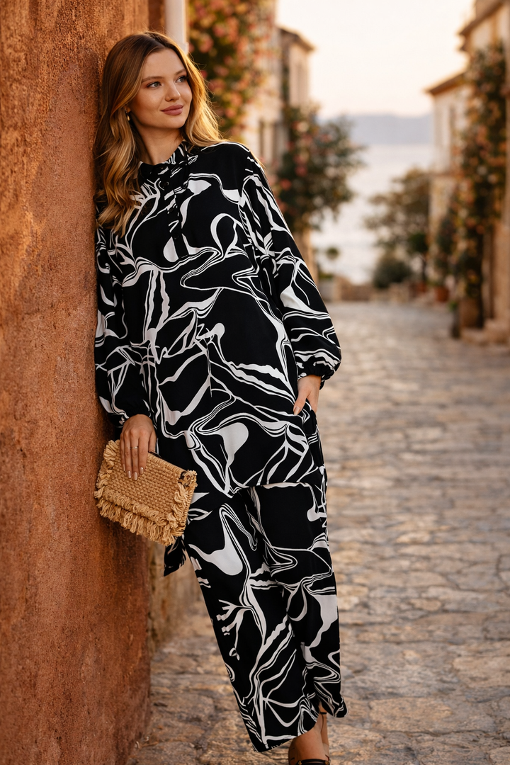 Abstract Print Longline Shirt & Wide Leg Co Ord Set in Black
