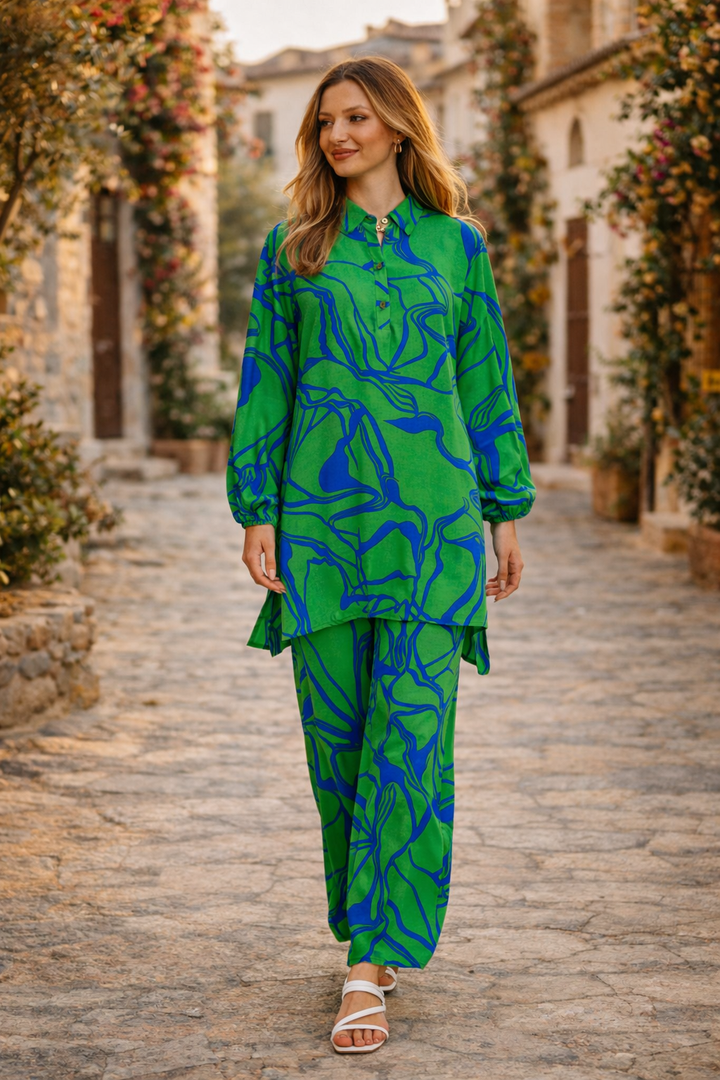 Abstract Print Longline Shirt & Wide Leg Co Ord Set in Green