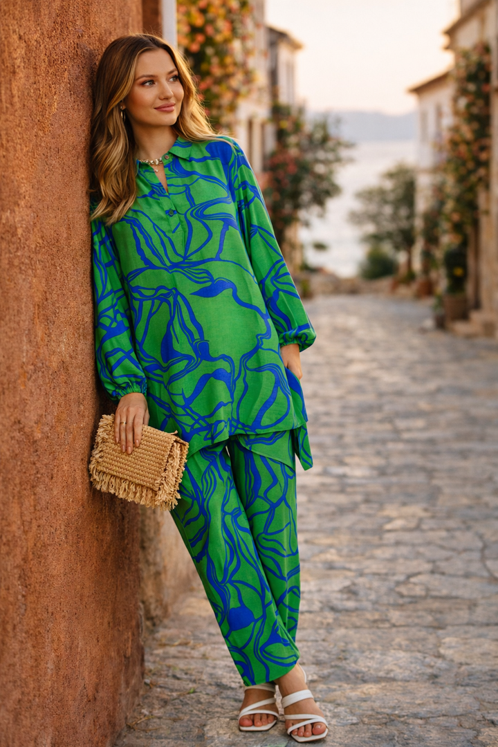 Abstract Print Longline Shirt & Wide Leg Co Ord Set in Green