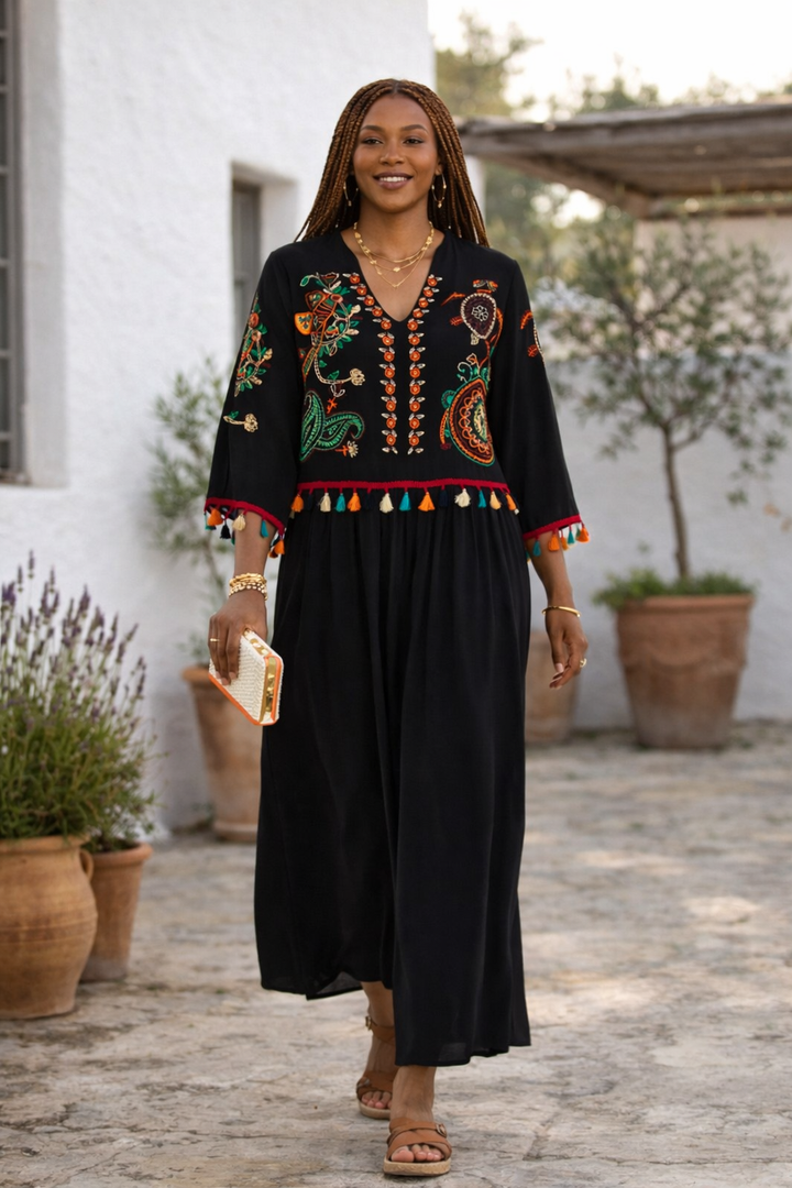 Embroidered Tiered Midi Dress with V-Neck Design in Black