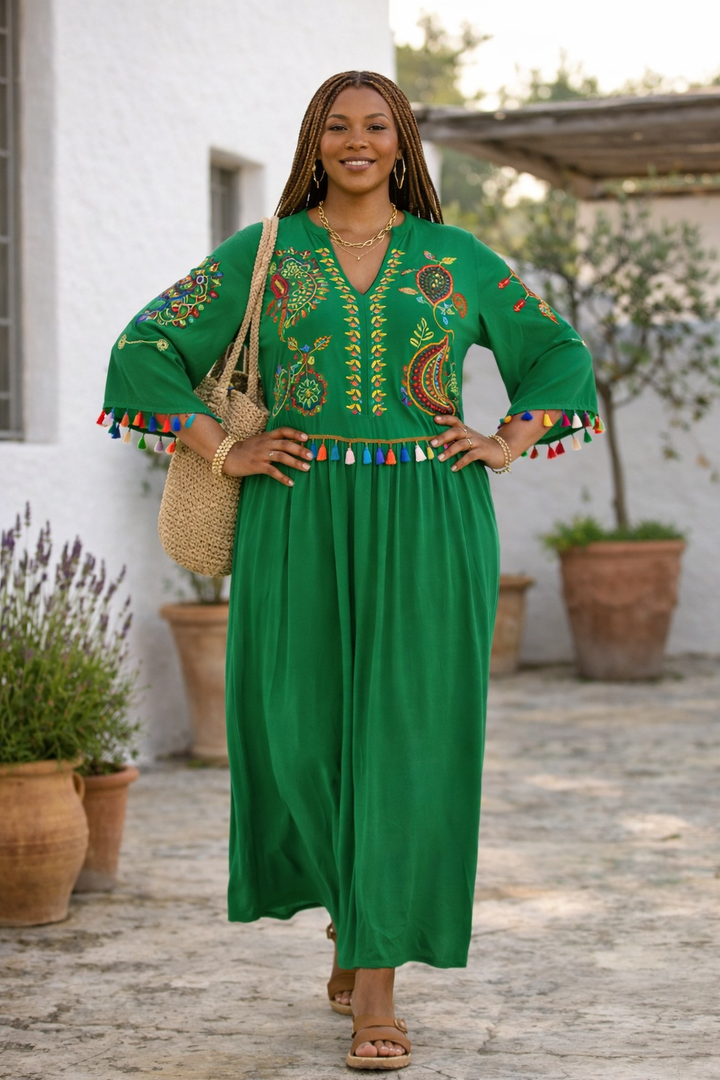 Embroidered Tiered Midi Dress with V-Neck Design in Green