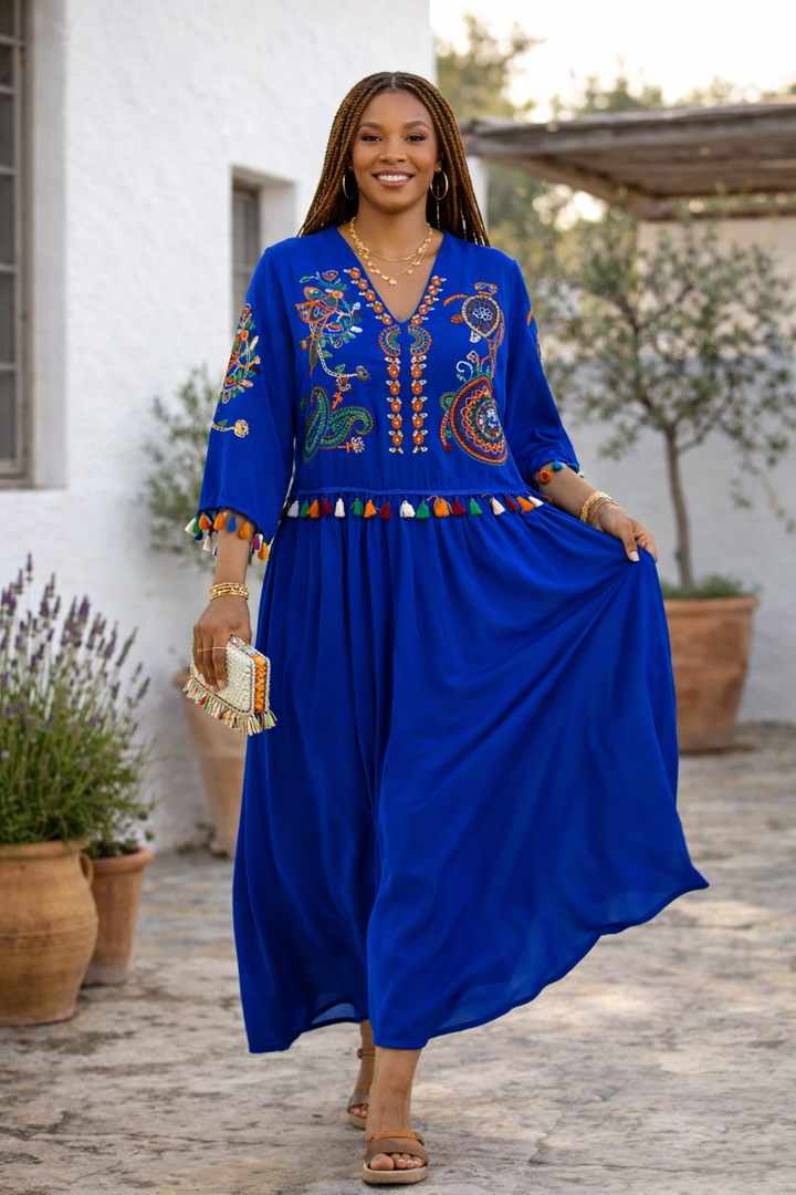 Embroidered Tiered Midi Dress with V-Neck Design in Blue