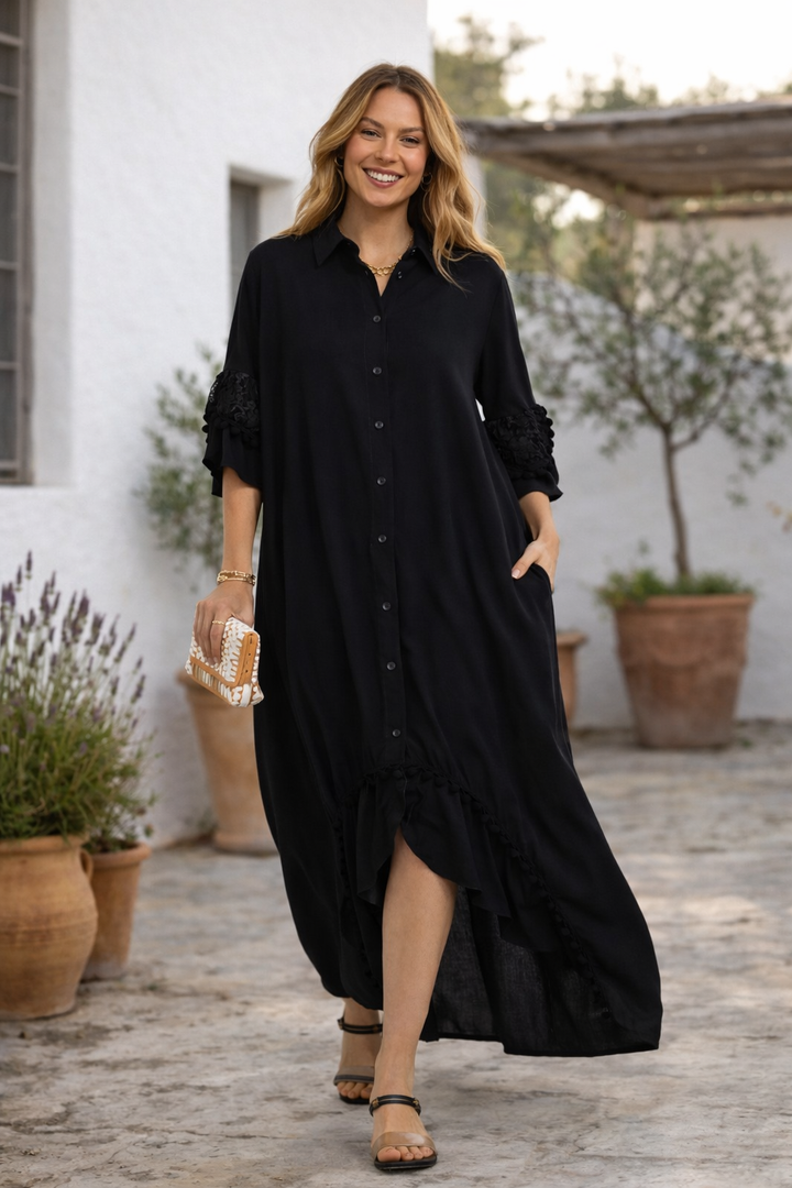 Button Front Midi Shirt Dress with Lace Sleeve Detail in Black
