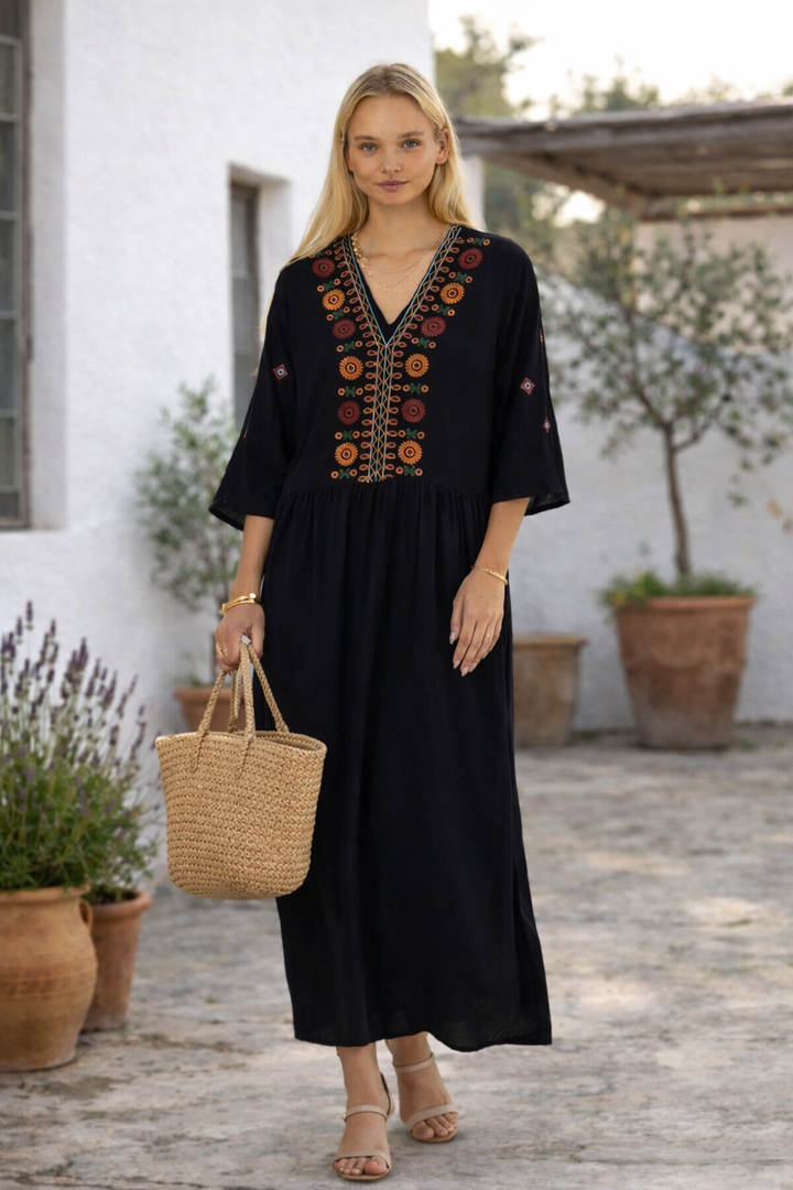 Embroidered V-Neck Maxi Dress in Black