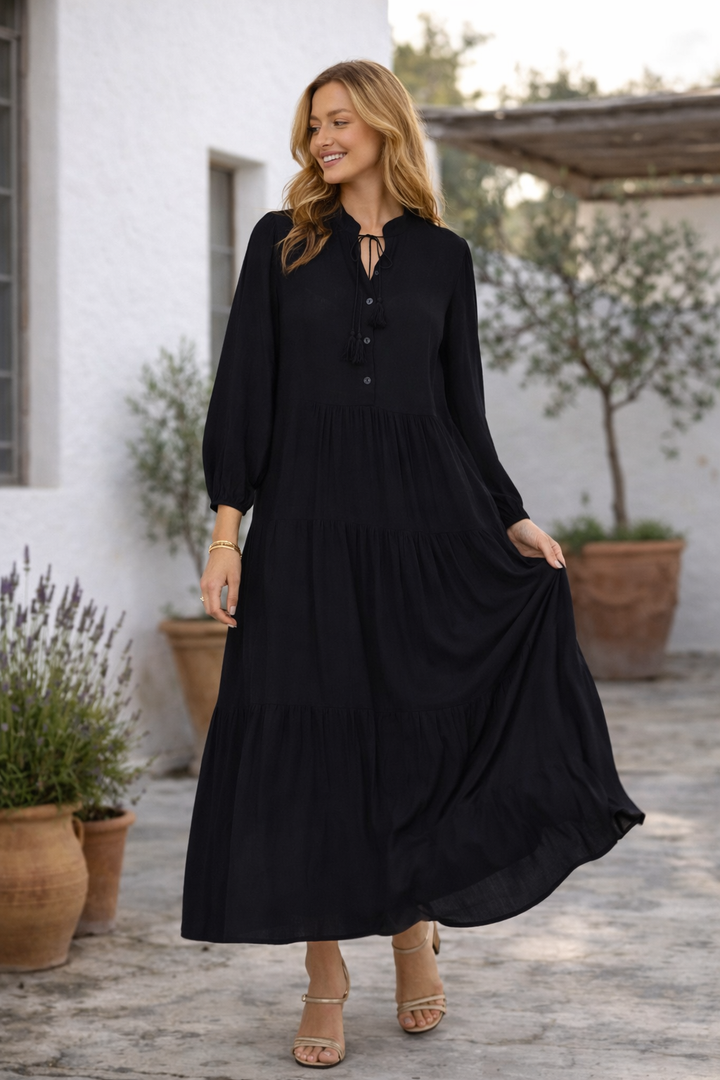 Tiered Maxi Dress with Tie Neck Detail in Black
