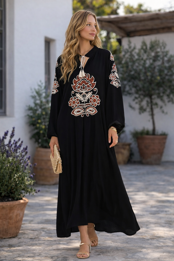Embroidered Maxi Dress with Tie Neck Detail in Black
