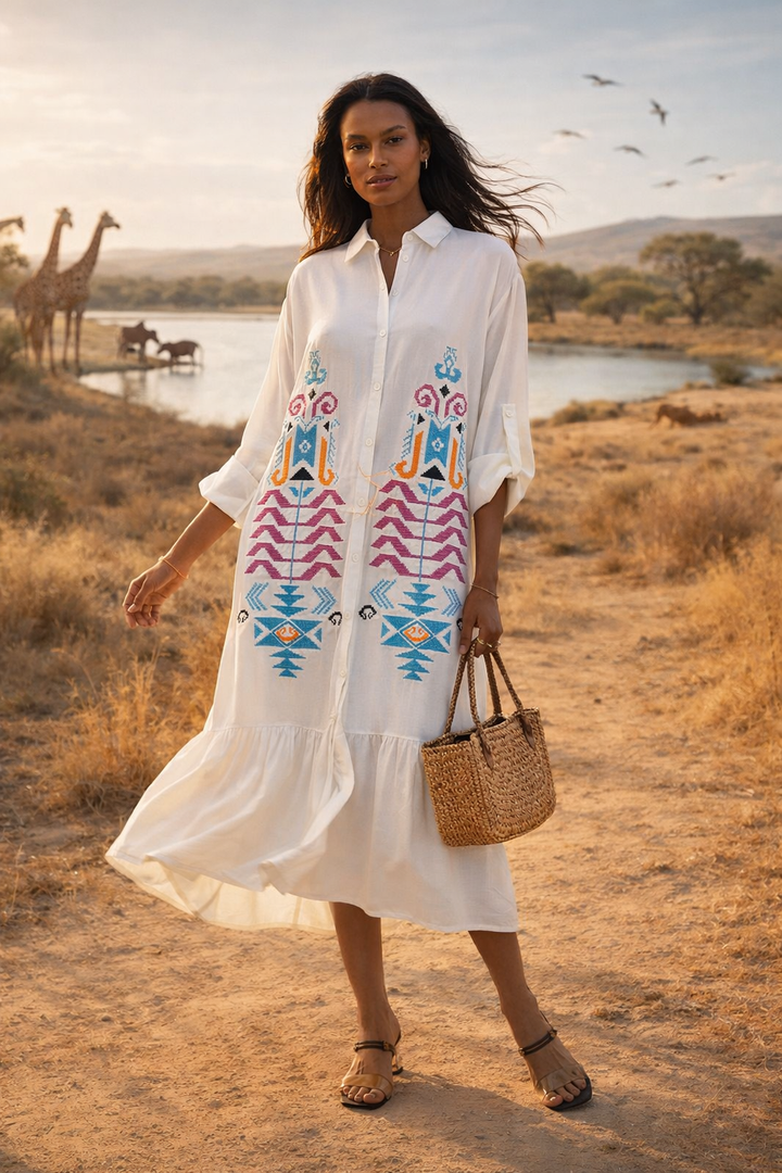 Embroidered Tiered Midi Dress with Button-Through Front in White