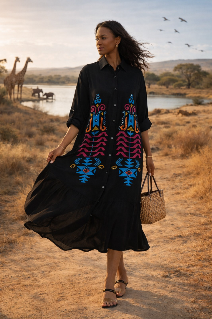 Embroidered Tiered Midi Dress with Button-Through Front in Black