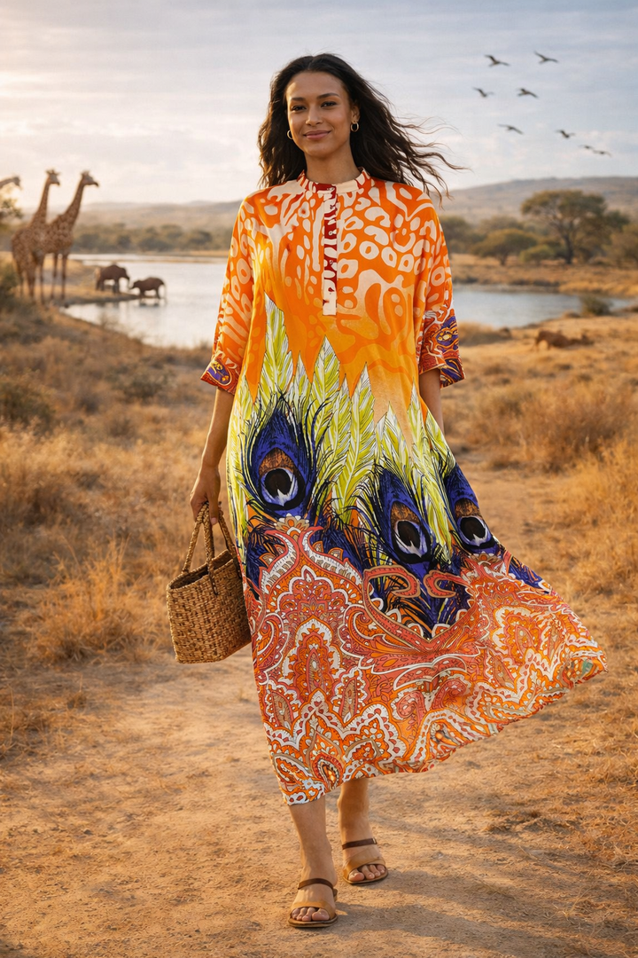 Abstract Print Oversized Maxi Dress in Orange