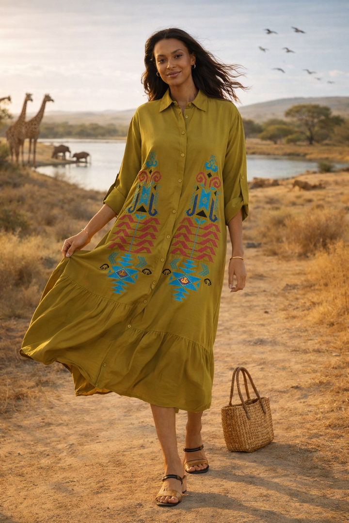 Embroidered Tiered Midi Dress with Button-Through Front in Mustard