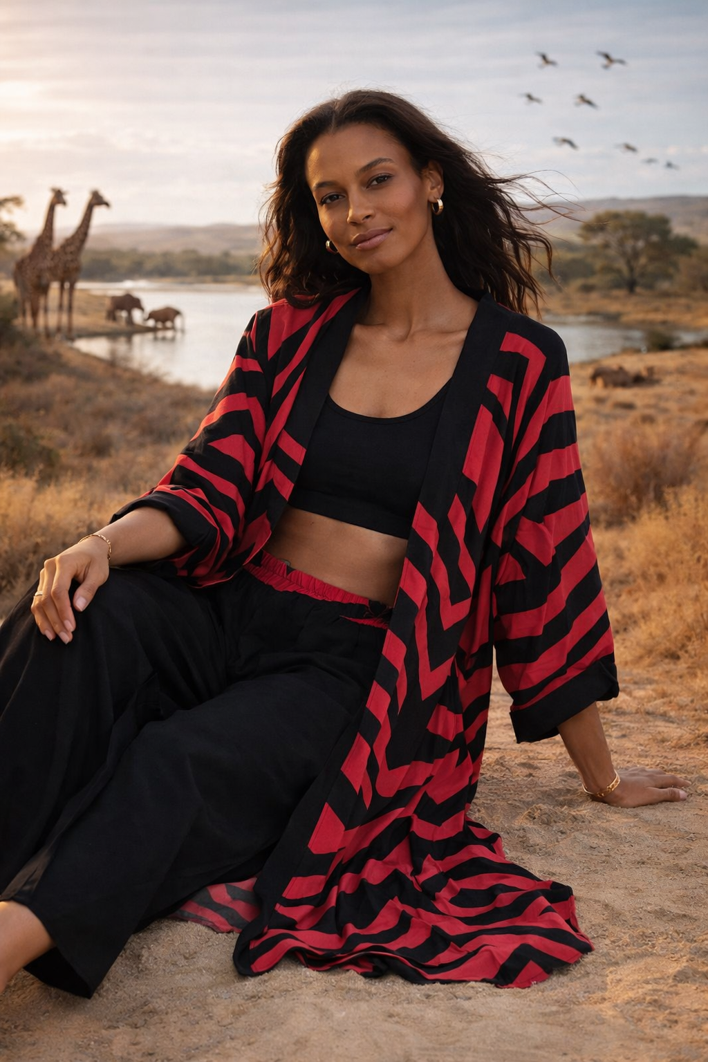 Geometric Print Maxi Trousers & Long Kimono Set in Pink
