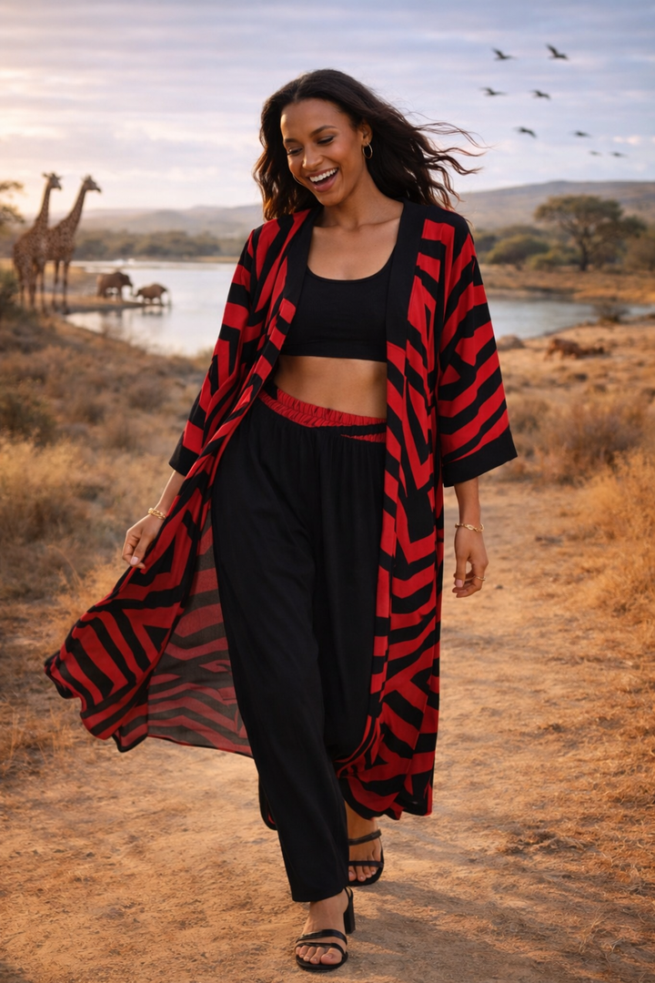 Geometric Print Maxi Trousers & Long Kimono Set in Pink