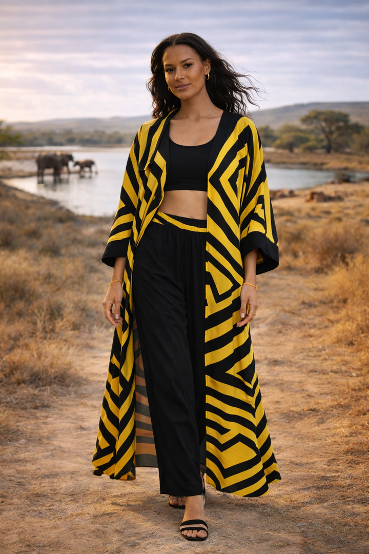 Geometric Print Maxi Trousers & Long Kimono Set in Yellow