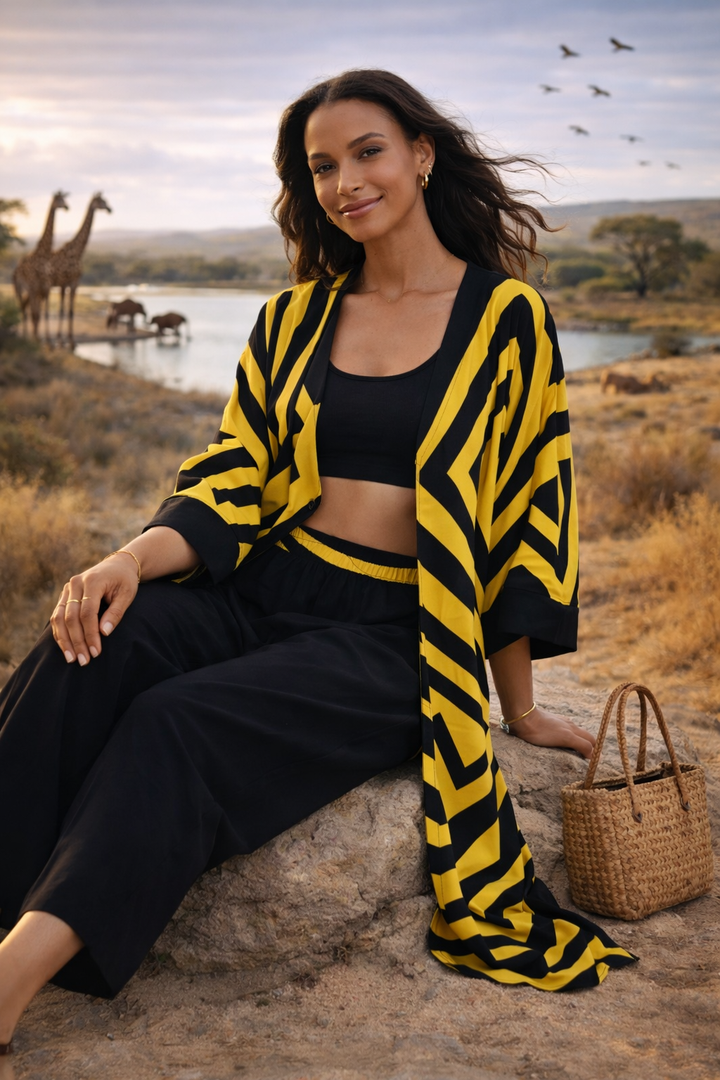 Geometric Print Maxi Trousers & Long Kimono Set in Yellow