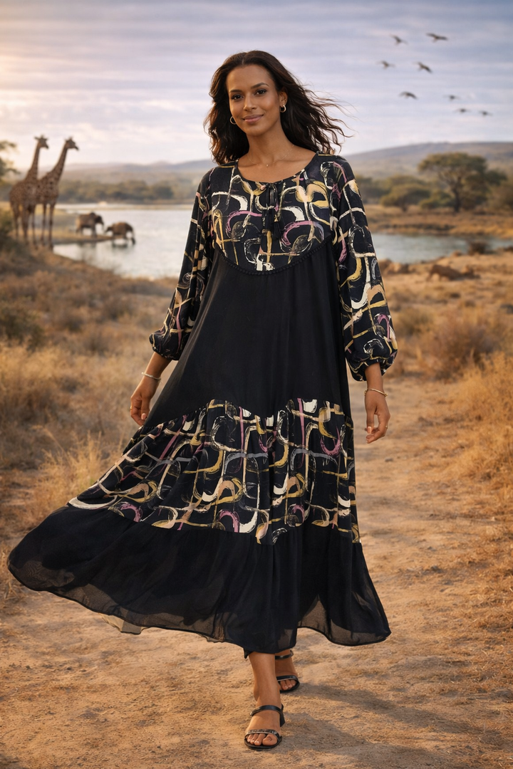 Abstract Panel Maxi Dress in Black