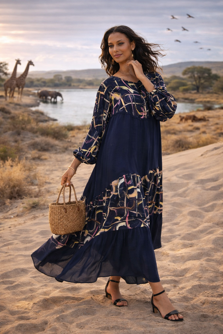Abstract Panel Maxi Dress in Navy Blue