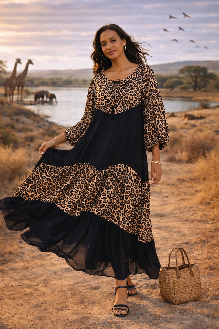 Abstract Panel Maxi Dress in Leopard Print