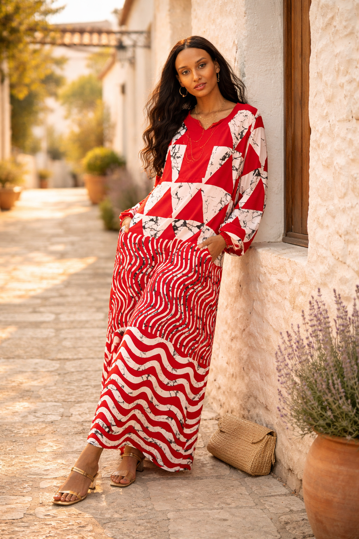 Abstract Print Maxi Dress with Long Sleeves in Orange