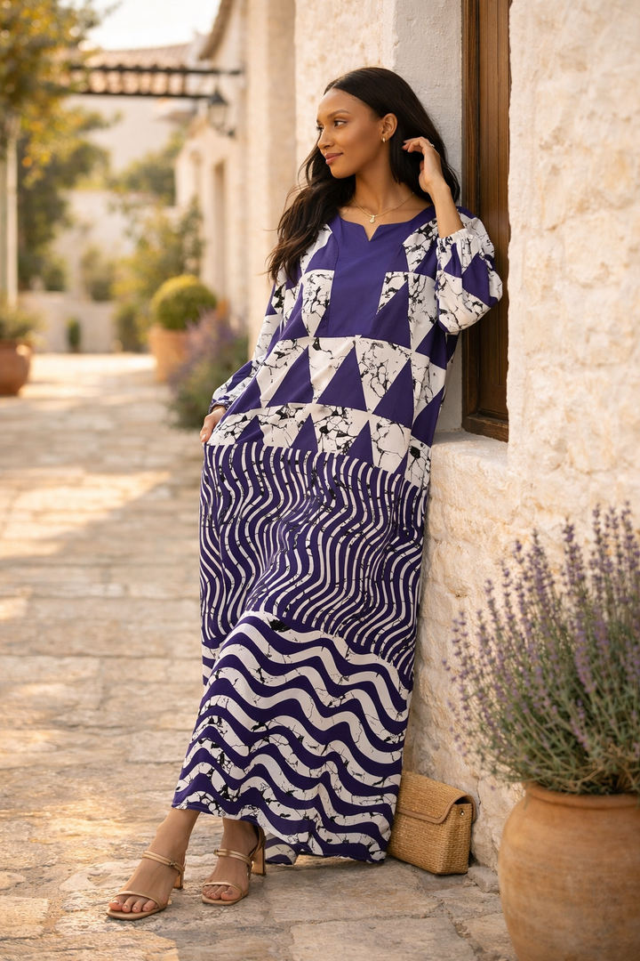Abstract Print Maxi Dress with Long Sleeves in Purple