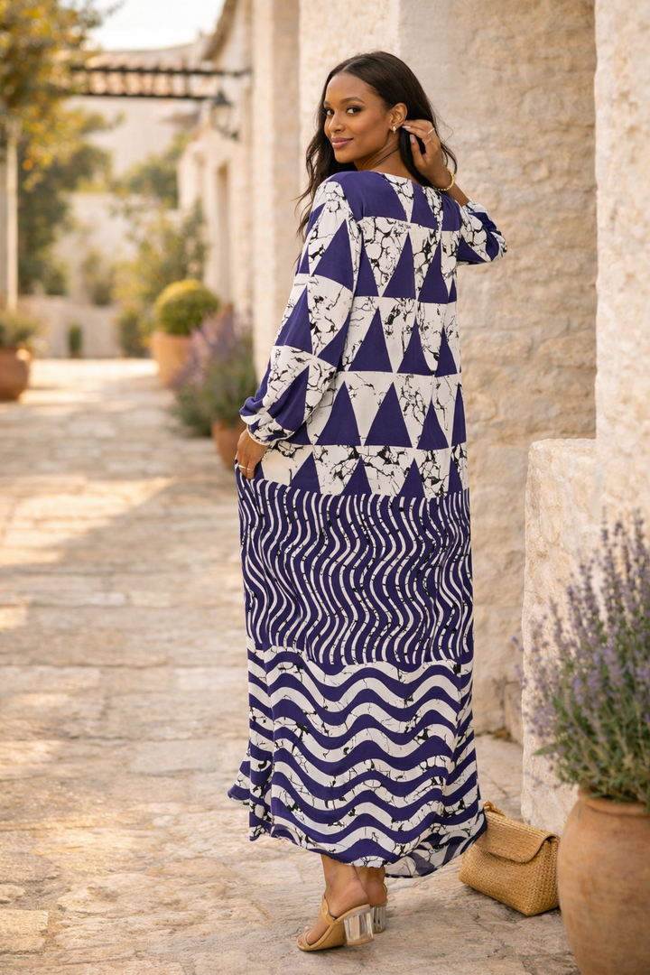 Abstract Print Maxi Dress with Long Sleeves in Purple